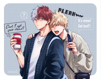2boys ? artist_name bag bakugou_katsuki blonde_hair blue_eyes boku_no_hero_academia border burn_scar cellphone commentary_request couple cup disposable_cup english_text grid_background head_on_another's_shoulder heterochromia highres holding holding_cup holding_phone jewelry looking_at_viewer male_focus multicolored_hair multiple_boys necklace outside_border phone red_eyes red_hair ring ring_necklace salt_-_siomsb scar scar_on_face shirt short_hair shoulder_bag smartphone speech_bubble spiked_hair split-color_hair spoken_question_mark teeth todoroki_shoto tongue tongue_out two-tone_hair upper_body white_border white_hair white_shirt yaoi