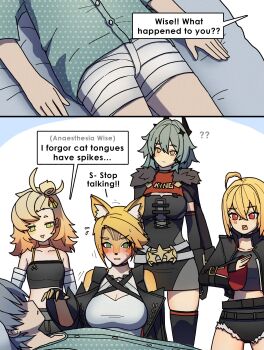 1boy 4girls absurdres animal_ears black_jacket blonde_hair body_fur caesar_king_(zenless_zone_zero) cat_ears cat_girl cat_tail cropped_jacket dorahdew furry furry_female green_eyes green_hair highres jacket luciana_de_montefio multiple_girls open_mouth piper_wheel pulchra_fellini red_eyes shirt tail white_shirt wise_(zenless_zone_zero) yellow_fur zenless_zone_zero