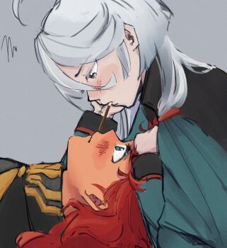 2girls absurdres asticassia_school_uniform blue_eyes blush commentary english_commentary food green_jacket grey_background grey_eyes grey_hair gundam gundam_suisei_no_majo highres jacket miorine_rembran multiple_girls pocky pocky_day pocky_kiss red_hair school_uniform shared_food simple_background squiggle suletta_mercury undecided404 yuri