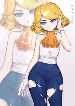 1other adjusting_hair ascot blonde_hair blue_eyes blue_pants dr._stone drill_hair francois_(dr._stone) gloves hand_in_own_hair highres looking_at_viewer orange_ascot pants periko_g shirt short_hair sleeveless sleeveless_shirt solo torn_clothes torn_pants white_gloves white_shirt zoom_layer