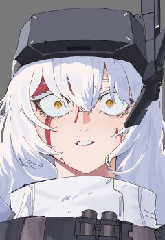 1girl absurdres barabara_49 blood blood_on_face cloak constricted_pupils goddess_of_victory:_nikke head-mounted_display highres long_hair looking_at_viewer open_mouth portrait simple_background snow_white_(nikke) solo surprised visor_(armor) visor_lift white_background white_cloak white_hair wide-eyed yellow_eyes