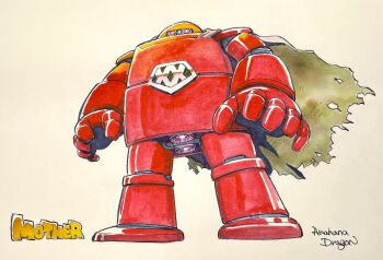 akahanadragon cape copyright_name full_body mother_(series) mother_1 nintendo r7038xx red_eyes robot standing torn_cape torn_clothes traditional_media