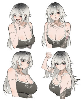 1girl absurdres arm_tattoo arm_up black_eyes black_tank_top breasts chest_tattoo cleavage closed_eyes closed_mouth commentary gradient_hair grey_hair hair_between_eyes highres jyuri_(shouz) large_breasts long_hair looking_at_viewer multicolored_hair multiple_views open_mouth original parted_bangs pout shouz simple_background smile tank_top tattoo white_background