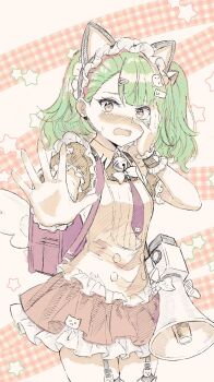 1girl animal_ear_hairband animal_ears bell black_dress blush breasts cat_ear_hairband cat_ears cowboy_shot dress embarrassed fake_animal_ears fang frilled_dress frills garter_straps green_hair green_nails hair_ornament hairband hand_on_own_chest hashtag-only_commentary heart heart_hair_ornament highres holding holding_megaphone ichiya_refi looking_at_viewer maid maid_headdress megaphone neck_bell necktie official_alternate_costume open_mouth plaid_background red_bag red_necktie skin_fang small_breasts solo star_(symbol) sunna_(afternoon_tea_break)_(zenless_zone_zero) sunna_(zenless_zone_zero) tears winged_bag zenless_zone_zero