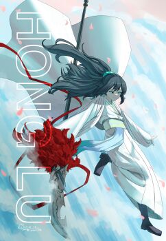 1boy 99dulgi absurdres aqua_eyes black_hair character_name commentary_request dated e.g.o_(project_moon) falling_petals floating_hair full_body glaive_(polearm) heterochromia highres holding holding_polearm holding_weapon hong_lu_(project_moon) korean_commentary land_of_illusion_(e.g.o) limbus_company male_focus midair petals pink_petals polearm ponytail project_moon signature solo weapon