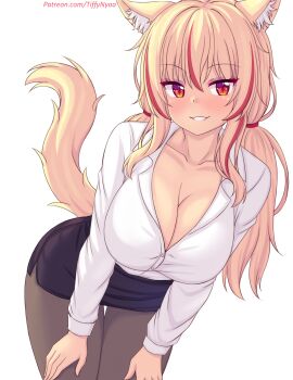 1girl absurdres animal_ear_fluff animal_ears bent_over black_pantyhose blonde_hair breasts cat_ears cat_girl cat_tail cleavage collarbone highres large_breasts long_hair looking_at_viewer multicolored_hair nottytiffy office_lady original pantyhose pencil_skirt red_eyes red_hair shirt skirt slit_pupils solo streaked_hair tail tiffy_(nottytiffy) twintails two-tone_hair white_background white_shirt