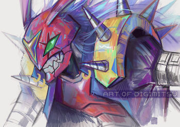 Rule 34 | 1boy, banchostingmon, black jacket, bug, colored skin, digimitsuart, digimon, digimon (creature), green eyes, jacket, male focus, red skin, shoulder spikes, solo, spikes, upper body