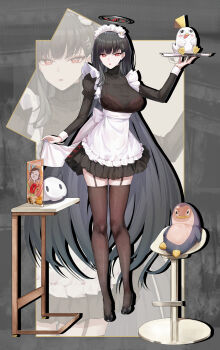 1girl absurdres alternate_costume apron black_hair black_shoes black_thighhighs blue_archive bra breasts commentary_request doodle_sensei_(blue_archive) enmaided full_body garter_straps halo high_heels highres large_breasts long_hair looking_at_viewer maid maid_apron maid_headdress millennium_science_school_logo peroro_(blue_archive) red_bra red_eyes ringed_eyes rio_(blue_archive) see-through_clothes sensei_(blue_archive) seoly_ouo shoes stool sweater table thighhighs tray turtleneck turtleneck_sweater underwear very_long_hair zoom_layer
