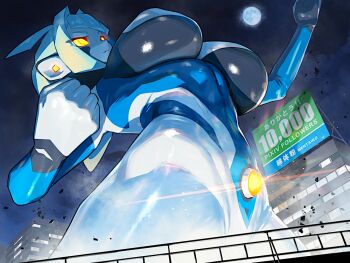 1girl abs altina_earth billboard breast_focus breasts building cloud curvy debris dust english_text fighting_stance from_below full_moon giant giantess glowing glowing_eyes japanese_text large_breasts moon muscular muscular_female night nikunopengin original overpass pixiv pov rubble sagging_breasts shiny_skin superhero_costume thick_thighs thighs toned toned_female toned_stomach transformation tsuburaya_productions ultra_series wide_hips