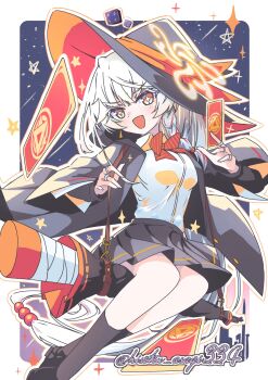 1girl :d ankle_socks blue_archive bow bowtie braid card dice eri_(blue_archive) gun halo hat highres hisokuasagi334 holding holding_card holding_strap jacket jewelry long_coat long_hair looking_at_viewer night open_mouth orange_eyes riding ring shirt shoes skirt sky smile socks solo sparkle sparkling_eyes star_(symbol) sweater weapon white_hair witch_hat