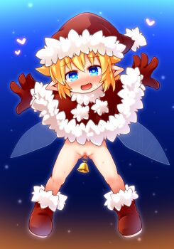 1girl bell blonde_hair blue_eyes blush boots censored christmas commentary_request fairy fairy_wings fang full_body fur-trimmed_headwear fur_trim gloves gradient_background hat heart heart-shaped_pupils highres kso loli looking_at_viewer meyuu_(kso) open_mouth original pointy_ears pussy santa_hat short_hair smile solo symbol-shaped_pupils variant_set wings