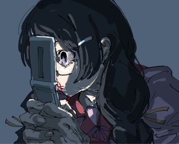 Rule 34 | blood, bloodshot eyes, braid, cellphone, flip phone, glasses, grey background, hair ornament, hair ribbon, hanekawa tsubasa, highres, mitsuya57, monogatari (series), nosebleed, phone, purple eyes, ribbon, school uniform, staring