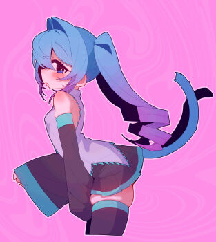 1girl absurdres banananosongen bare_shoulders blue_eyes blue_hair blush cat_girl cat_tail commentary cowboy_shot detached_sleeves from_side hair_ears hair_intakes hatsune_miku highres long_hair long_sleeves miniskirt multiple_tails outline pink_background pleated_skirt shirt skindentation skirt sleeveless sleeveless_shirt sleeves_past_wrists solo standing tail thighhighs twintails two_tails vocaloid white_outline wide_sleeves zettai_ryouiki