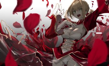 Rule 34 | 1girl, absurdres, arm up, blonde hair, blurry, blurry background, blush, braid, braided bun, breasts, cleavage, coat, commentary request, cowboy shot, dress, epaulettes, falling petals, fate/extra, fate/grand order, fate (series), film grain, green eyes, grey background, hair bun, hair intakes, hand on own chest, highres, large breasts, leotard, long sleeves, looking at viewer, narue, nero claudius (fate), nero claudius (fate/extra), open mouth, petals, red coat, red dress, see-through clothes, see-through dress, short hair, single hair bun, smile, solo, strapless, strapless leotard, v-shaped eyebrows, white leotard, wide sleeves, wind, wind lift