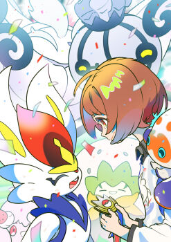 Rule 34 | 1girl, = =, ahoge, alcremie, alcremie (strawberry sweet), alcremie (vanilla cream), brown eyes, brown hair, chandelure, cinderace, clobbopus, closed eyes, closed mouth, collared shirt, confetti, eldegoss, eyelashes, frosmoth, gen 5 pokemon, gen 8 pokemon, gloria (pokemon), gym challenge uniform, highres, holding medal, long sleeves, maruco, nintendo, official alternate costume, on shoulder, open mouth, poke ball, poke ball (basic), poke ball symbol, pokemon, pokemon (creature), pokemon on shoulder, pokemon ribbon, pokemon swsh, shirt, short hair, shorts, smile, tearing up, teeth, upper teeth only, wavy mouth, white shorts