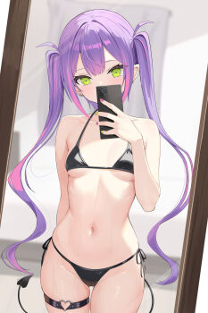 1girl absurdres alternate_costume arm_behind_back barbell_piercing bikini black_bikini breasts cameltoe center-flap_bangs demon_tail double-parted_bangs ear_piercing green_nails halterneck hand_up heart heart_o-ring highres holding holding_phone hololive industrial_piercing long_hair looking_at_viewer mirror_selfie nail_polish navel nekonosuke o-ring o-ring_thigh_strap paid_reward_available phone piercing pink_hair pink_nails purple_hair reflection reflection_focus selfie side-tie_bikini_bottom small_breasts solo stomach swimsuit tail tail_ornament tail_piercing thigh_strap tokoyami_towa twintails very_long_hair virtual_youtuber