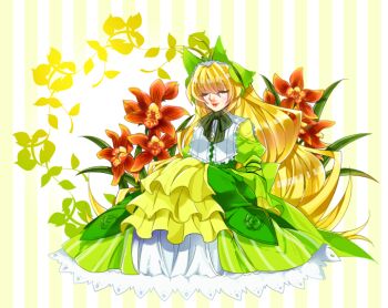 1girl antenna_hair blonde_hair closed_eyes dress female_focus flower gen_5_pokemon green_dress hairband leavanny long_hair momosiro nintendo personification pokemon sitting solo