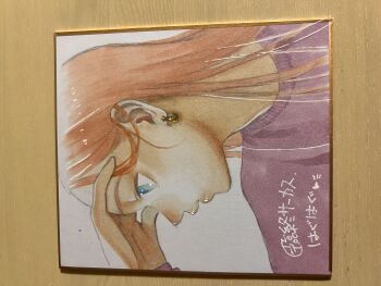 1girl absurdres blonde_hair blue_eyes commentary_request earrings exif_rotation expressionless haguhagu_(rinjuu_circus) hand_on_own_forehead highres jewelry original parted_lips photo_(medium) profile sasha_(haguhagu) shikishi solo sweater traditional_media upper_body