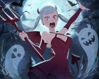 1girl absurdres bare_tree bat_(animal) black_clover black_clover_m:_rise_of_the_wizard_king breasts demon_costume demon_girl demon_horns demon_tail demon_wings detached_sleeves dress full_moon ghost grey_hair halloween halloween_costume highres holding holding_pitchfork horns looking_at_viewer medium_breasts mini_wings moon night noelle_silva non-web_source official_alternate_costume official_art open_mouth outdoors pitchfork purple_hair red_dress red_horns red_sleeves red_wings sleeveless sleeveless_dress tail teeth tree upper_teeth_only wings
