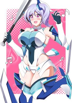Rule 34 | 1girl, absurdres, aqua bodysuit, armored boots, baseball bat, beamed sixteenth notes, black gloves, blue bodysuit, bodysuit, boots, border, breasts, cosplay, crossover, detached sleeves, eighth note, gloves, hair ornament, highres, holding, holding baseball bat, jikkyou powerful pro yakyuu, kazanari tsubasa, kazanari tsubasa (cosplay), large breasts, metal baseball bat, multicolored bodysuit, multicolored gloves, musical note, one side up, open mouth, outside border, power pro appli, purple hair, red eyes, senki zesshou symphogear, shidou remi, sixteenth note, solo, sukeberosu, sweatdrop, symphogear pendant, white bodysuit, white border, white gloves