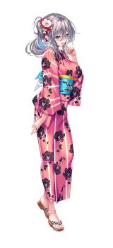 1girl amakano_2 blue_eyes blush breasts brown_sandals floral_print floral_print_kimono flower full_body grey_hair hair_between_eyes hair_flower hair_ornament japanese_clothes jigokudani_sara kimono large_breasts looking_at_viewer medium_hair mole mole_under_eye official_art open_mouth pink_kimono piromizu print_kimono sandals simple_background smile solo standing tachi-e transparent_background zouri