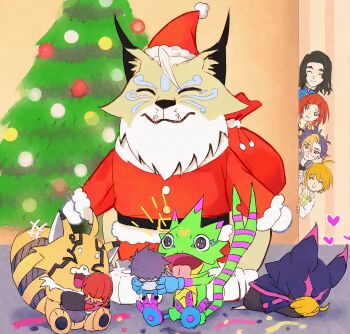 chiropmon christmas cougarmon digimon digimon_(creature) digimon_beatbreak gekkomon happy heart kuonji_makoto looking_at_another open_mouth pristimon risyo sakuya_reina sawashiro_kyo tenma_tomoro