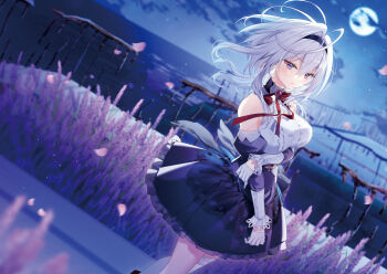 1girl antenna_hair arm_under_breasts brooch closed_mouth clothing_cutout dress dutch_angle falling_petals floating_hair flower frilled_dress frills full_moon gloves hair_intakes hairband half_gloves handrail highres jewelry lilithea mata_korosarete_shimatta_nodesune_tantei-sama medium_hair moon night novel_illustration official_art petals purple_eyes purple_flower purple_hair riichu shoulder_cutout sideways_glance single_thighhigh solo standing thighhighs water