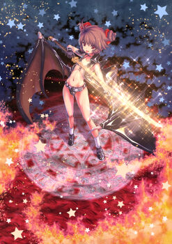 1girl absurdres ahoge bat_wings belt bikini bikini_top_only black_bikini black_gloves brown_hair choker double_bun fang female_focus flat_chest gloves glowing glowing_sword glowing_weapon hair_bun highres jacket katana legs magic_circle navel open_clothes open_jacket original red_eyes short_hair solo sparkle standing standing_on_magic_circle star_(symbol) swimsuit sword tongue tongue_out uguisu_kagura weapon wings