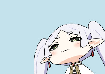 1girl :3 absurdres blue_background earrings elf frieren green_eyes grey_hair highres jewelry long_hair looking_up poi pointy_ears simple_background sky-freedom solo sousou_no_frieren twintails upward_angle_frieren_drawing