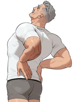 Rule 34 | 1boy, bara, boxers, closed eyes, closed mouth, facial hair, grey hair, grey male underwear, highres, male focus, male underwear, mature male, muscular, muscular male, mustache, old, old man, original, sa1k0p, shirt, short hair, simple background, solo, stretching, undercut, underwear, white background, white shirt