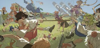 Rule 34 | 6+girls, absurdres, aki shizuha, american flag dress, animal ears, ascot, bad link, black skirt, blonde hair, blue bow, blue hair, blue shirt, blue skirt, blue sky, bow, bowl, brown hair, brown hat, bun cover, camera, chest sarashi, closed eyes, clownpiece, curly hair, day, detached sleeves, double bun, dress, fighting, frilled bow, frills, frog hair ornament, gohei, grass, green hair, green hat, green skirt, grey hair, grey hoodie, hair bobbles, hair bow, hair bun, hair ornament, hair tubes, hakurei reimu, hat, highres, holding, holding camera, holding gohei, holding torch, hood, hoodie, horns, ibaraki kasen, ibuki suika, inubashiri momiji, japanese clothes, jester cap, kariyushi shirt, kawashiro nitori, kimono, kinoko (kino2435006), kirisame marisa, kochiya sanae, komano aunn, long hair, long sleeves, medium hair, mini-hakkero, mini person, minigirl, mirror, moriya's iron rings, moriya suwako, multiple girls, necktie, outdoors, pink hair, polka dot, pom pom (clothes), purple hair, purple hat, purple skirt, purple vest, red bow, red hat, red kimono, red necktie, red shirt, red skirt, ribbon-trimmed sleeves, ribbon trim, sandals, sarashi, shameimaru aya, shield, shirt, shoes, shorts, single hair tube, single horn, skirt, skirt set, sky, snake hair ornament, socks, striped clothes, striped dress, sukuna shinmyoumaru, tabard, tokin hat, torch, touhou, tripping, vest, white shirt, white shorts, white socks, wide sleeves, wolf ears, wolf girl, yasaka kanako, yellow ascot, yorigami shion