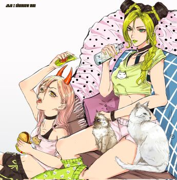 2girls alternate_costume animal_print arm_up black_bra black_choker black_hair black_shorts bottle bra braid braided_ponytail breasts brown_cat brown_choker bun_with_braided_base burger cat cat_print chainsaw_man choker collarbone commentary copyright_name cowboy_shot crop_top cropped_shirt crossover double_bun ear_piercing english_commentary feet_out_of_frame food green_eyes green_hair green_leg_warmers green_lips green_nails green_shirt green_trim hair_bun hand_up headpat henoopd highres holding holding_bottle holding_burger holding_food horns jojo_no_kimyou_na_bouken kuujou_jolyne leg_warmers long_hair looking_at_another lying meowy_(chainsaw_man) midriff multicolored_hair multiple_girls nail_polish navel on_back open_mouth parted_lips piercing pink_hair pink_shirt pink_shorts power_(chainsaw_man) red_horns red_nails shirt shorts simple_background small_breasts stone_ocean teeth tongue tongue_out two-tone_hair underwear white_background white_cat white_shirt yellow_eyes yellow_nails