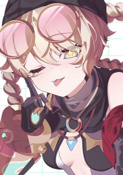 1girl absurdres black_hat blonde_hair blush braid braided_hair_rings breasts commentary_request eyewear_on_head genshin_impact gloves hair_between_eyes hair_rings hat highres hiroyi_(mei) index_finger_raised jahoda_(genshin_impact) looking_at_viewer mechanical_arms one_eye_closed single_mechanical_arm smile solo star-shaped_pupils star_(symbol) symbol-shaped_pupils tinted_eyewear tongue tongue_out yellow_eyes