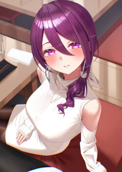 1girl absurdres bare_shoulders black_pantyhose blue_eyes blush breasts clothing_cutout commentary_request dress earrings fingernails from_above hair_between_eyes highres jewelry large_breasts long_hair looking_at_viewer low_ponytail menchi_rishio necklace pantyhose ponytail purple_eyes purple_hair shoulder_cutout sitting sleeves_past_wrists smile solo textless_version triangle_earrings tsurugi_ryoka turtleneck turtleneck_dress umamusume white_dress