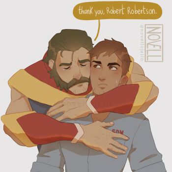 Rule 34 | 2boys, artist name, blue shirt, blush, brown hair, colored speech bubble, commentary, dispatch, english commentary, english text, facial hair, highres, hug, hug from behind, male focus, multiple boys, mustache, mutton chops, nervous sweating, novellojello, phenomaman, robert robertson, shirt, short hair, simple background, speech bubble, superhero costume, sweat, twitter username, white background