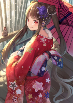1girl alexmaster animal brown_hair closed_mouth earrings female_focus flower hair_flower hair_ornament highres japanese_clothes jewelry kimono long_hair long_sleeves looking_at_viewer monkey oil-paper_umbrella original red_eyes red_kimono smile solo traditional_clothes twintails umbrella yukata