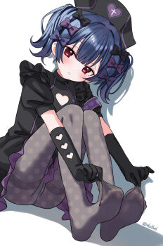 1girl blush clothes_pull eluthel feet highres idolmaster idolmaster_shiny_colors long_hair looking_at_viewer morino_rinze pantyhose pantyhose_pull parted_lips red_eyes soles toes twintails