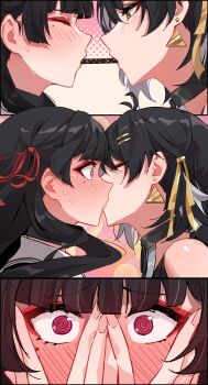 2girls @_@ absurdres black_hair blush chisa_(wuthering_waves) closed_eyes commentary covering_face earrings english_commentary erikvarts female_rover_(wuthering_waves) fingernails food hair_ribbon highres jewelry kiss long_hair looking_at_another mole mole_under_eye multiple_girls pocky pocky_kiss red_eyes ribbon rover_(wuthering_waves) shared_food signature sweatdrop triangle_earrings wuthering_waves yellow_eyes yellow_ribbon yuri