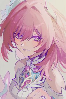 1girl asatya_ny cyrene_(honkai:_star_rail) cyrene_(ripples_of_past_reverie)_(honkai:_star_rail) diamond-shaped_pupils diamond_(shape) dress highres honkai:_star_rail honkai_(series) looking_at_viewer pink_hair pointy_ears purple_eyes smile solo symbol-shaped_pupils upper_body white_dress