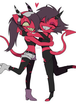 2girls :d ^_^ absurdres affectionate ankle_boots bare_arms bare_shoulders belt black_belt black_choker black_eyes black_gloves black_pants black_pantyhose black_shirt boots brown_hair cheek-to-cheek choker closed_eyes colored_sclera colored_skin colored_teeth commentary_request crop_top cropped_shirt demon_girl demon_horns demon_tail denim denim_shorts double-parted_bangs eyeshadow fewer_digits fingerless_gloves gloves grin hair_between_eyes hair_over_one_eye halterneck heads_together headscarf heart hellaverse helluva_boss high_heel_boots high_heels high_ponytail highres horns hug knees_together_feet_apart long_hair looking_at_another lower_eyelashes_only makeup menma_(enaic31) midriff millie_(helluva_boss) multicolored_hair multicolored_horns multiple_girls navel off-shoulder_shirt off_shoulder one_eye_covered open_mouth pants pantyhose ponytail red_eyeshadow red_headscarf red_skin red_tail roots_(hair) sallie_may_(helluva_boss) sharp_teeth shirt short_hair short_shorts short_sleeves shorts siblings signature simple_background sisters sleeveless sleeveless_shirt smile standing standing_on_one_leg striped_horns tail teeth torn_clothes torn_pants torn_pantyhose two-tone_hair two-tone_horns white_background white_boots white_hair white_shorts yellow_sclera yellow_teeth