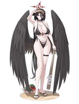 1girl absurdres bikini black_bikini black_choker black_hair black_wings blue_archive breasts choker ddog feathered_wings front-tie_bikini_top front-tie_top full_body groin hair_bun halo hasumi_(blue_archive) hasumi_(swimsuit)_(blue_archive) highleg highleg_bikini highres huge_breasts jewelry long_hair low_wings navel one_eye_closed pendant red_eyes red_halo sandals simple_background solo standing swimsuit thigh_strap very_long_hair white_background wings