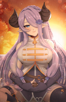 belt blue_eyes braid breasts ears gloves granblue_fantasy hair_ornament hair_over_one_eye hands_on_belly highres horns huge_breasts kamaniki leather leather_belt long_hair narmaya_(granblue_fantasy) outdoors pointy_ears purple_hair sitting sun sunset tagme very_long_hair water watermark