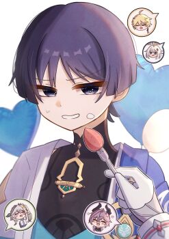 Rule 34 | 2girls, 3boys, aether (genshin impact), ahoge, anemo symbol (genshin impact), balloon, black bodysuit, black eyes, blonde hair, blue gem, blue kimono, blunt ends, blush, bodysuit, box, braid, cape, choppy bangs, closed eyes, commentary request, cream, cream on face, crossed bangs, diamond hair ornament, disembodied head, dragon boy, dragon horns, durin (genshin impact), eyelashes, eyeliner, facial mark, facing another, feeding, food, food on face, forehead mark, fork, fruit, gem, genshin impact, gift, gift box, gloves, gold, gold halo, green hair, grey pupils, hair between eyes, hair ornament, half crown braid, halo, heart balloon, highres, holding, holding fork, horns, japanese clothes, juban, kimono, leaf, leaf hair ornament, long hair, low-braided long hair, low-tied long hair, makeup, male focus, mandarin collar, mechanical halo, multicolored hair, multiple boys, multiple girls, nahida (genshin impact), open clothes, open kimono, open mouth, paimon (genshin impact), pointy ears, purple cape, purple eyes, purple hair, purple horns, red eyeliner, reima2479, scaramouche (genshin impact), short sleeves, shoulder peek, side ponytail, sidelocks, speech bubble, spoken character, strawberry, streaked hair, sweatdrop, tsurime, two-sided horns, wanderer (genshin impact), white background, white gloves, white hair, white kimono, white mouth, white sleeves, white trim