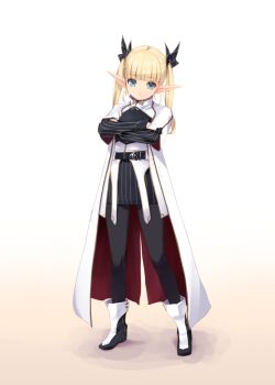 Rule 34 | 1girl, ankle boots, belt, black belt, black pantyhose, black ribbon, black tunic, blonde hair, boots, bow, bowtie, closed mouth, coat, commentary request, crossed arms, elf, green eyes, hair ribbon, kirishima satoshi, long hair, long pointy ears, looking at viewer, original, overcoat, pantyhose, petite, pointy ears, ribbon, sleeveless, sleeveless coat, solo, tunic, twintails, white background, white coat