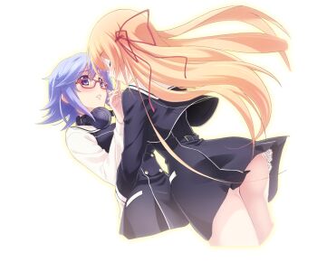 2girls arms_around_waist ass black_dress blonde_hair blue_hair blush chaos;child cropped_jacket dress from_behind game_cg glasses headphones hekiho_academy_school_uniform highres kazuki_hana kurusu_nono long_hair multiple_girls official_art petticoat sasaki_mutsumi school_uniform science_adventure shirt short_dress transparent_background white_shirt yuri