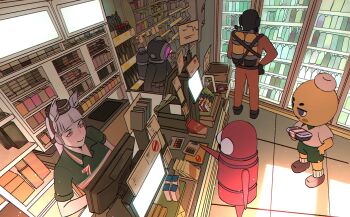 1girl absurdres animal_ears artist_name battery blush chromatic_aberration commentary content_warning_(game) convenience_store crossover english_commentary gold_ship_(umamusume) grey_hair hat highres horse_ears horse_girl indoors jitome lethal_company monitor multiple_crossover multiple_others no_pupils peak_(game) r.e.p.o. refrigerator scout_(peak) semibot shelf shop standing twitter_username ubekeyk umamusume worker_(lethal_company)