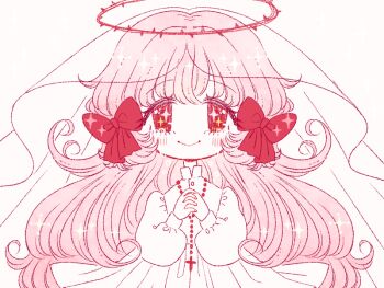 Rule 34 | 1girl, bead necklace, beads, bow, closed mouth, collared dress, cowboy shot, cross, cross necklace, crying, crying with eyes open, dress, eleanor (ohmyeleanor), fingernails, hair bow, halo, high collar, interlocked fingers, jewelry, light blush, long hair, long sleeves, medium dress, necklace, own hands together, pink hair, platinum (pocket mirror), pleated dress, pocket mirror, praying, puffy long sleeves, puffy sleeves, red bow, red eyes, red halo, rosary, see-through clothes, see-through veil, simple background, smile, solo, sparkling eyes, standing, straight-on, streaming tears, tareme, tears, thorns, veil, very long hair, white background, white dress, white veil