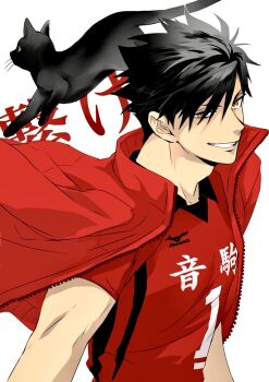 Rule 34 | 1boy, animal, black cat, black hair, cat, collared shirt, commentary, haikyuu!!, highres, jacket, jacket on shoulders, kuroo tetsurou, male focus, nekoma volleyball uniform, red jacket, red shirt, sac hi9, shirt, short hair, simple background, smile, solo, symbol-only commentary, track jacket, translation request, unzipped, upper body, white background, yellow eyes