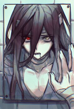 Rule 34 | 1boy, bandaged arm, bandaged head, bandages, black hair, blue shirt, collarbone, cyacyacyacyaki, danganronpa (series), danganronpa 3 (anime), film grain, hair between eyes, heterochromia, highres, kamukura izuru, long bangs, long hair, looking at mirror, male focus, mirror, open mouth, portrait, pov, pov hands, red eyes, sanpaku, shirt, solo, tsurime, yellow eyes