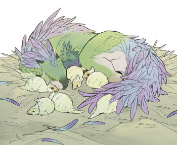 Rule 34 | baby animal, baby seikret (monster hunter), beak, bird, black eyes, black sclera, blue feathers, brown eyes, chick, closed eyes, colored sclera, commentary request, feathers, gradient feathers, green feathers, green scales, green sclera, in nest, looking at another, monster, monster hunter (series), monster hunter wilds, nest, no humans, purple feathers, scales, seikret (monster hunter), simple background, taneimo drop, white background